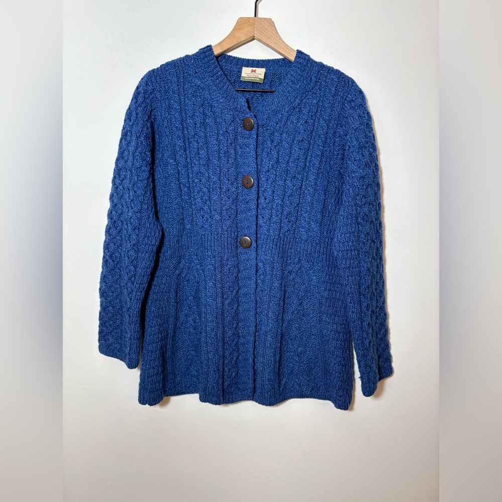 Carraig Donn Ireland Aran Cable Knit Cardigan 100% Merino Wool Womens S Blue